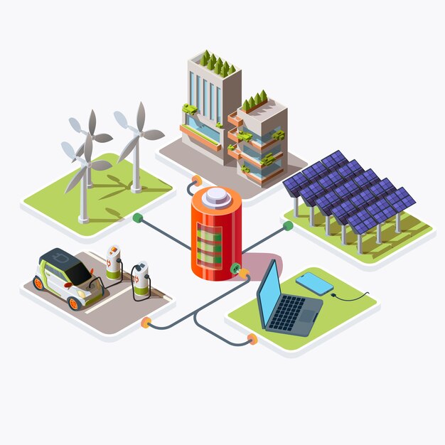 Isometrische elektrische auto, smartphone, laptop en stadsgebouw aangesloten op het opladen van de batterij met energie geproduceerd door windturbines en zonnepanelen. Alternatieve energieconcept