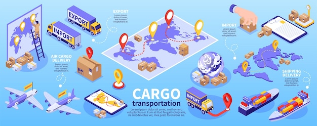 Isometrische export import infographics met bewerkbare tekstroutes bestemmingspunten vrachtwagens schepen vliegtuigen en magazijnmedewerkers vectorillustratie