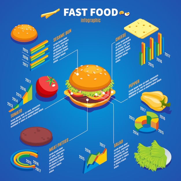 Isometrische fastfood infographic sjabloon met broodje kaas peper tomaten vlees salade ingrediënten