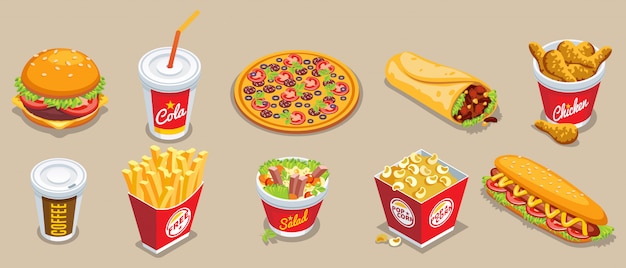 Gratis vector isometrische fastfoodcollectie met verschillende producten en drankjes