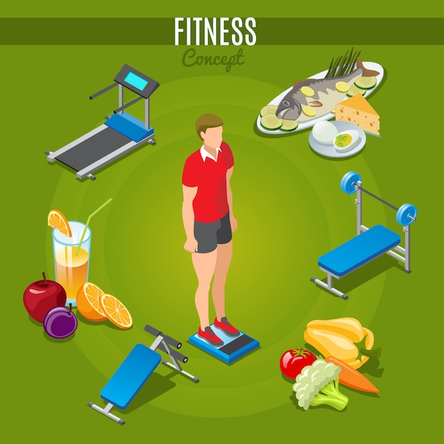 Gratis vector isometrische fitness concept met man staande op schalen sport trainers gezond eten en drinken geïsoleerd
