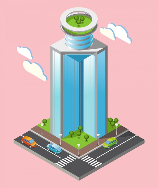 Isometrische futuristische wolkenkrabbers samenstelling met een deel van de stad met wegen en hoge gebouwen op roze achtergrond