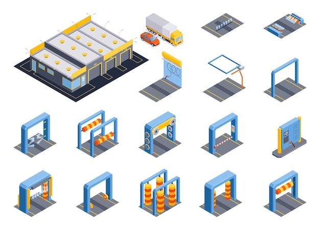 Gratis vector isometrische geautomatiseerde autowasset met geïsoleerde iconen van platforms en frames met bewegende borstels rolt vectorillustratie