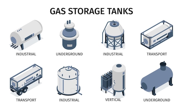 Gratis vector isometrische gecomprimeerde gasreeks geïsoleerde composities met iconen van industrieel transport en ondergrondse opslagtanks vectorillustratie