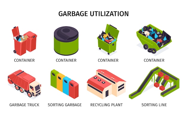 Isometrische gekleurde afvalrecycling pictogrammenset met verschillende soorten en maten containers vuilniswagen sorteren urnen recycling plant vectorillustratie