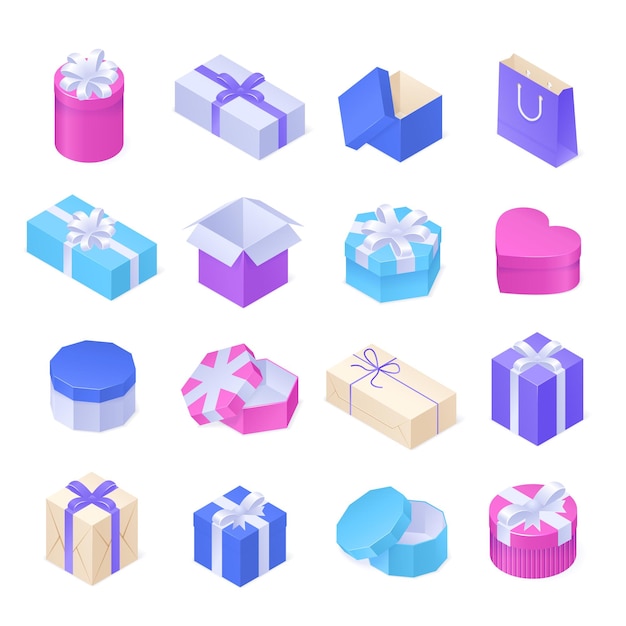 Gratis vector isometrische geschenkdozen voor verjaardag, kerstmis, valentijnsdag en feestdagen. vectorpictogrammenreeks gesloten en open pakketten in vorm van hart, vierkant en cirkel met zilveren lint en boog