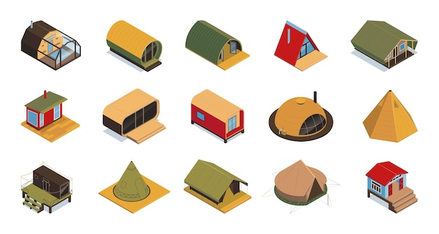 Isometrische glamping kleuren set van geïsoleerde moderne stijl eco huizen luifels safaritenten op lege achtergrond vectorillustratie