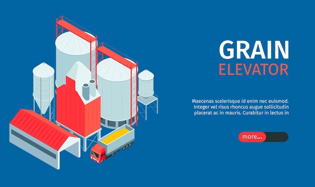 Gratis vector isometrische graanelevator horizontale banner met bewerkbare tekstschuifregelaar meer knop en fabriekseenheid gebouwen afbeelding vectorillustratie