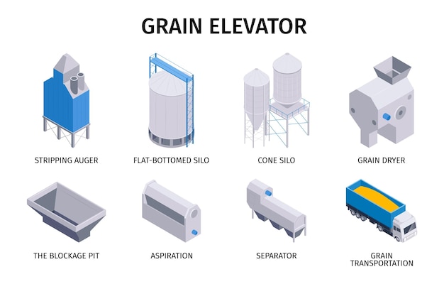 Gratis vector isometrische graanelevatorreeks geïsoleerde pictogrammen met silo's, kuilen, afscheiders, fabriekseenheden op lege vectorillustratie als achtergrond