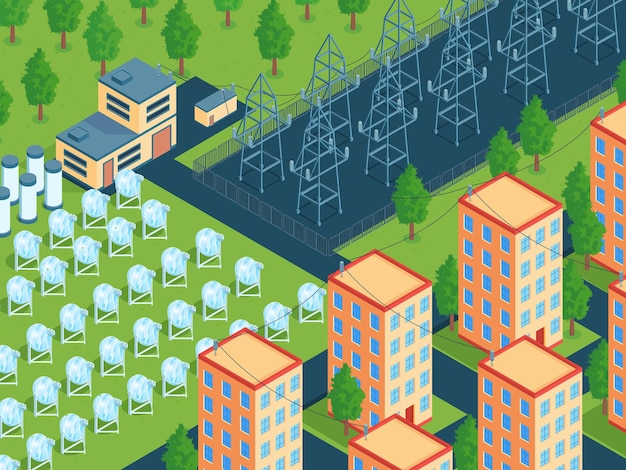 Gratis vector isometrische groene energieillustratie met stadsblok en gebied van zonnepanelen met hoogspanningslijnen