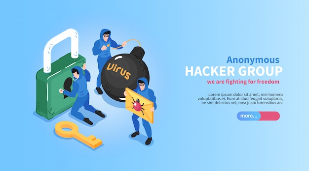 Gratis vector isometrische hacker horizontale banner met bewerkbare tekst schuifknop en conceptuele afbeeldingen van sloten bugs virussen vector illustratie