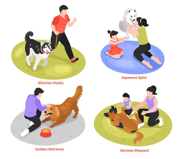Isometrische hondeneigenaar ontwerpconcept met verschillende hondenrassen illustratie