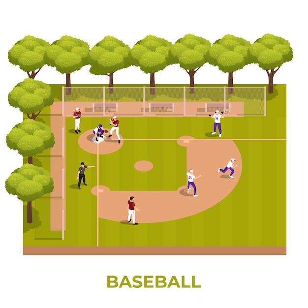 Gratis vector isometrische honkbalsamenstelling honkbalspel wordt gespeeld op het veld en de spelers rennen op het veld vectorillustratie