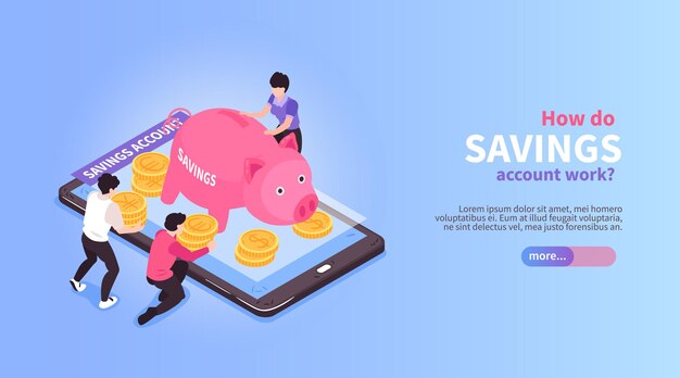 Isometrische horizontale bannersamenstelling voor online mobiel bankieren met afbeeldingen van varkensvormige nog steeds bank- en smartphoneillustratie
