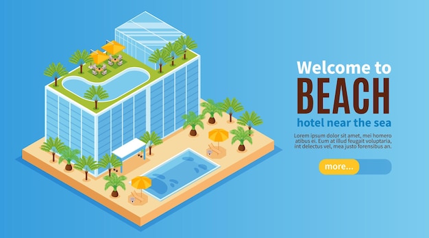 Gratis vector isometrische hotel waterpark horizontale banner met gebouw met zwembaden