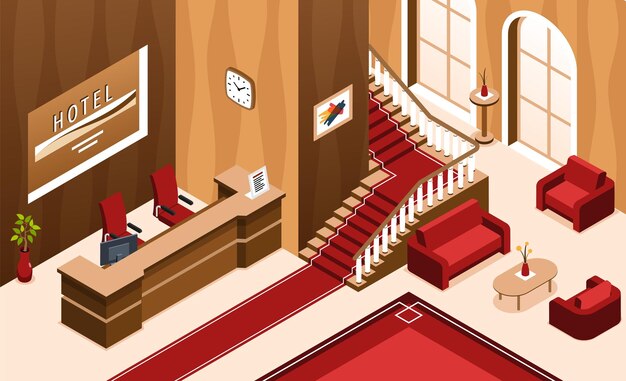 Isometrische hotellobbysamenstelling met binnenuitzicht op ruime hal met ramen trappen en receptie vectorillustratie
