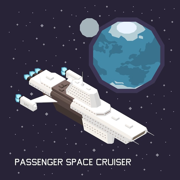 Isometrische illustratie met groot ruimteschip dat passagiers vervoert