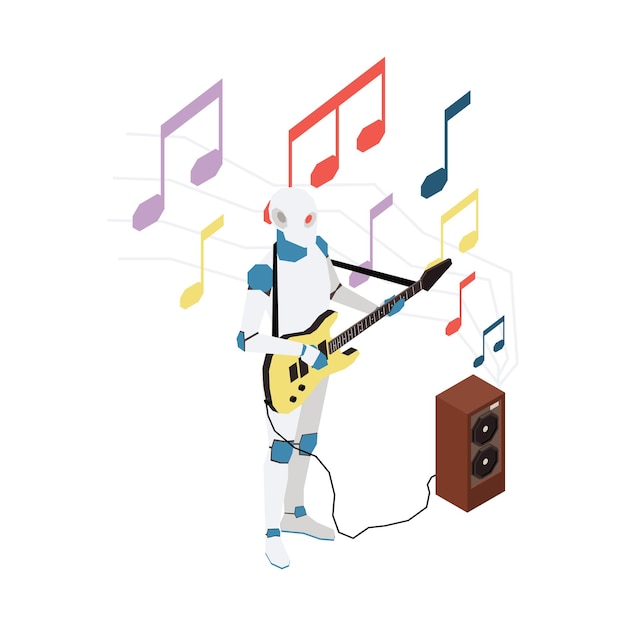 Isometrische illustratie met robot die gitaar speelt
