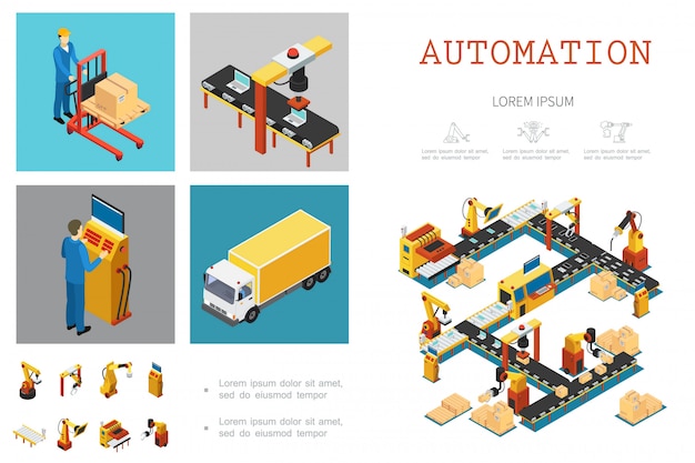 Isometrische industriële fabriekssjabloon met geautomatiseerde assemblagelijnwerkers en mechanische robotarmen