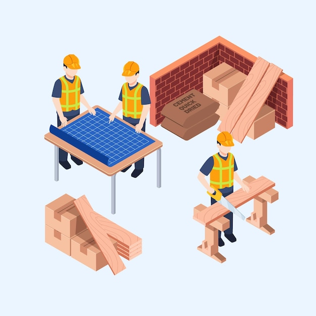 Gratis vector isometrische ingenieurs die aan de bouw werken