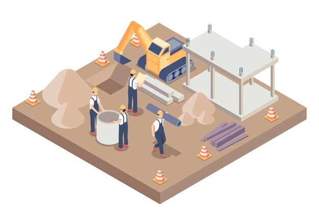 Isometrische ingenieurs die aan de bouw werken