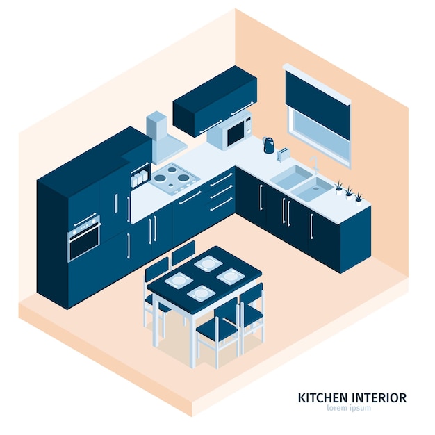 Isometrische keukensamenstelling met tekst en binnenaanzicht van eetplaats met fornuis keukengerei en kasten