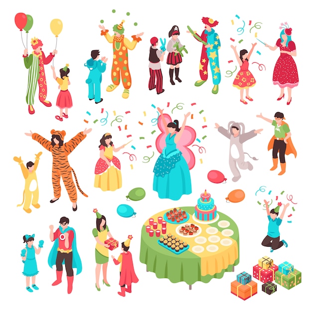 Isometrische kinderanimator vakantie feest set met geïsoleerde menselijke personages volwassen entertainers in kostuums en kinderen
