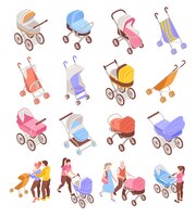 Gratis vector isometrische kinderwagenpictogrammen die met ouders worden geplaatst die kinderwagens geïsoleerde vectorillustratie duwen