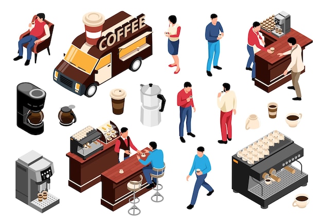 Gratis vector isometrische koffie pictogrammenset koffie vrachtwagen klanten barista koffiezetapparaat en kopjes vector illustratie