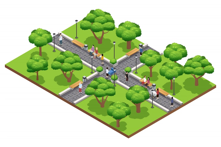 Gratis Vector isometrische landscaping samenstelling met mensen die in groen park in de zomer op witte achtergrond ve lopen