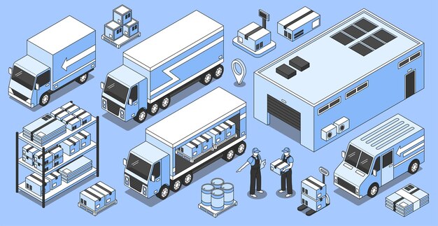 Isometrische logistieke set van geïsoleerde vrachtwagenafbeeldingen magazijngebouw en dozen met laders en werknemerskarakters vectorillustratie