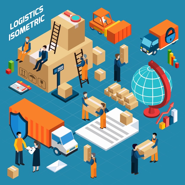 Gratis vector isometrische magazijn logistiek concept