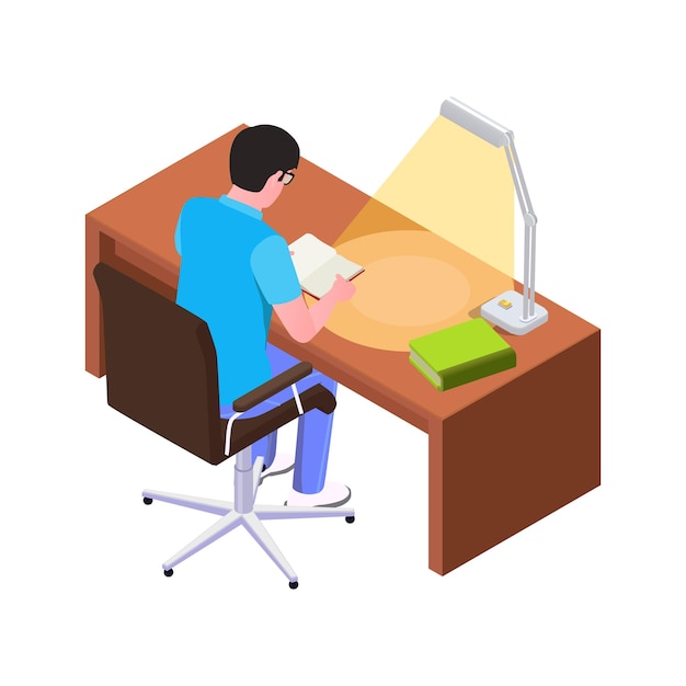 Gratis vector isometrische man leesboek aan bureau met lamp 3d