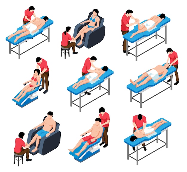 Gratis vector isometrische massageset met geïsoleerde composities van massagetherapeuten, artsen en patiënten op tafels en stoelen vectorillustratie