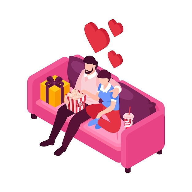 Isometrische mensen daten een paar valentijnsdag compositie met omhelzende geliefden op de bank met geschenken en popcorn vectorillustratie
