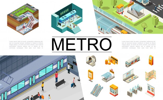 Isometrische metro elementen collectie met treinkaartjes reiskaart ATM navigatiekaart ondergrondse ingang roltrap tourniquets passagiers veiligheidscabine metrostation