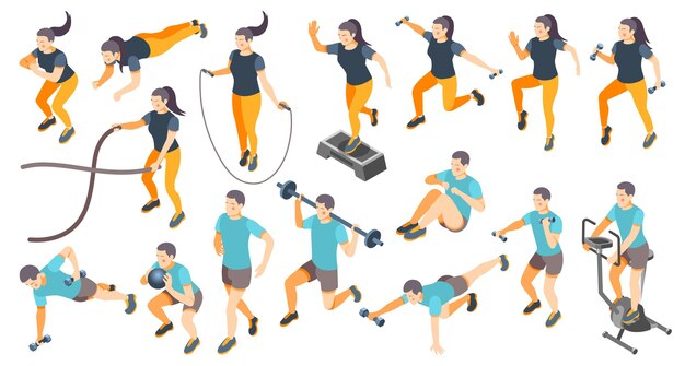 Isometrische pictogrammen instellen met mannen en vrouwen die cardiotraining doen geïsoleerd op een witte achtergrond 3d vectorillustratie