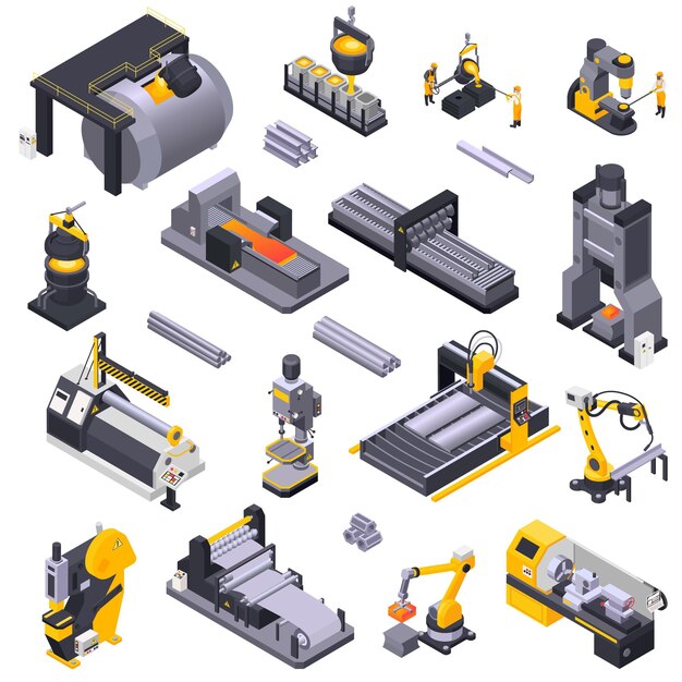 Isometrische pictogrammen van de metaalindustrie die met geautomatiseerde installatieapparatuur en arbeiders worden geplaatst die op witte 3d vectorillustratie als achtergrond worden geïsoleerd