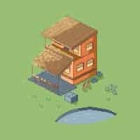 Gratis vector isometrische pixelachtige glamping-illustratie