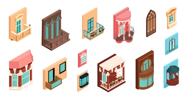 Gratis vector isometrische ramen balkons huis gevel set met geïsoleerde iconen van verschillende architecturale oplossingen op blanco vectorillustratie als achtergrond