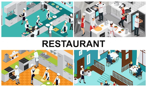 Gratis vector isometrische restaurant kooksamenstelling met chef-koks assistenten die verschillende gerechten interieurelementen gebruiksvoorwerpen ober bezoekers eten aan tafels in de hal