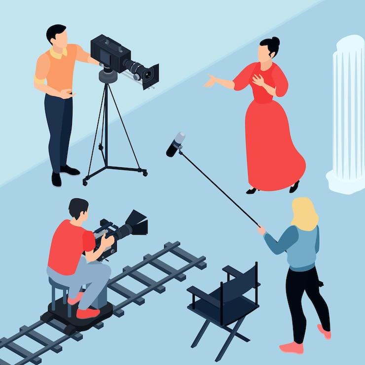 Gratis Vector isometrische samenstelling van bioscoopproductie met uitzicht op schietploeg met professionele apparatuur die actrice filmt in de buurt van kolom vectorillustratie