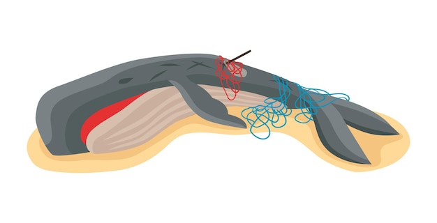 Isometrische samenstelling van de wateroceaanvervuiling met afbeelding van dode walvis gedood door giftig afval op lege achtergrond vectorillustratie