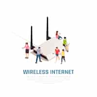 Gratis vector isometrische samenstelling van draadloos internet met kleine mensen rond een grote router die verbinding maakt met smartphones