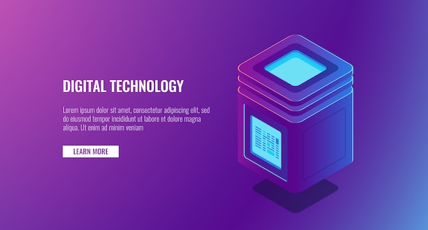 Isometrische serverruimte, concept voor bescherming van persoonsgegevens, big data processing, databasepictogram