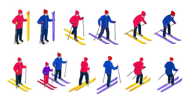 Isometrische set met gekleed in winterkleding skiën mensen in verschillende poses geïsoleerd op een witte achtergrond 3d vectorillustratie