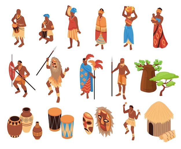 Gratis vector isometrische stam etnische afrikaanse mensen set met geïsoleerde iconen van zwarte mensen met drums maskers woningen vector illustratie