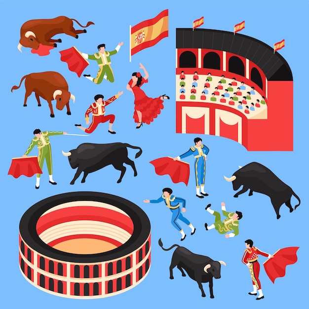 Gratis vector isometrische stierengevechtstadion set met geïsoleerde menselijke karakters van dansers toreador en arena stands met stieren vectorillustratie