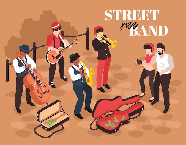 Gratis vector isometrische straatmuzikantensamenstelling met menselijke karakters van jazzbandleden met luisteraars en tekst