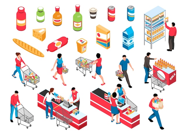 Isometrische supermarkt set met geïsoleerde iconen van producten en karakters van winkelende mensen met winkelmandjes vectorillustratie